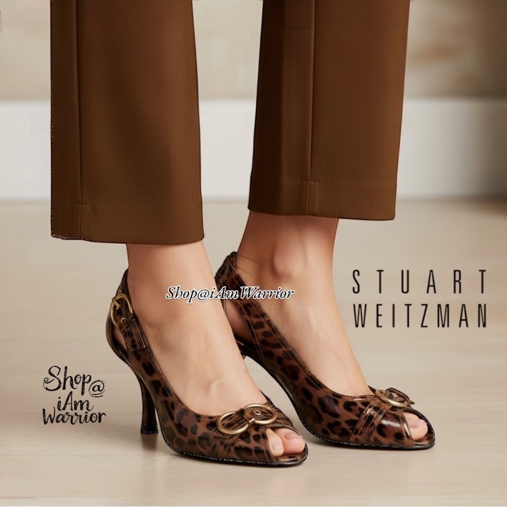 Stuart Weitzman leopard print buckle peeptoe heel… - image 1